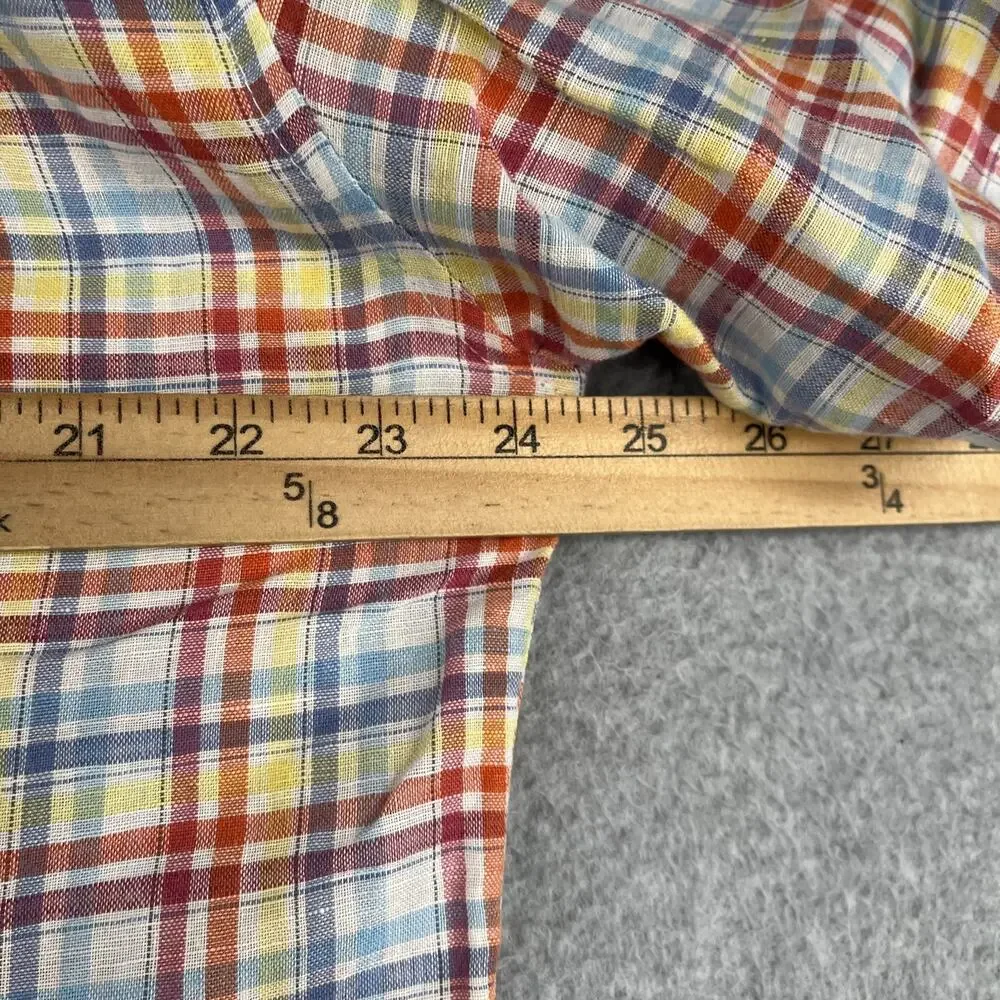 Alan Flusser Linen Blend Shirt Colorful Plaid Pocket Short Sleeve Button Up L